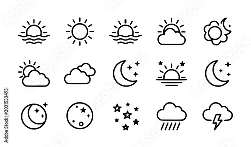Minimal Weather and Celestial Line Icons Set with Sun Moon Clouds and Night Sky Symbols