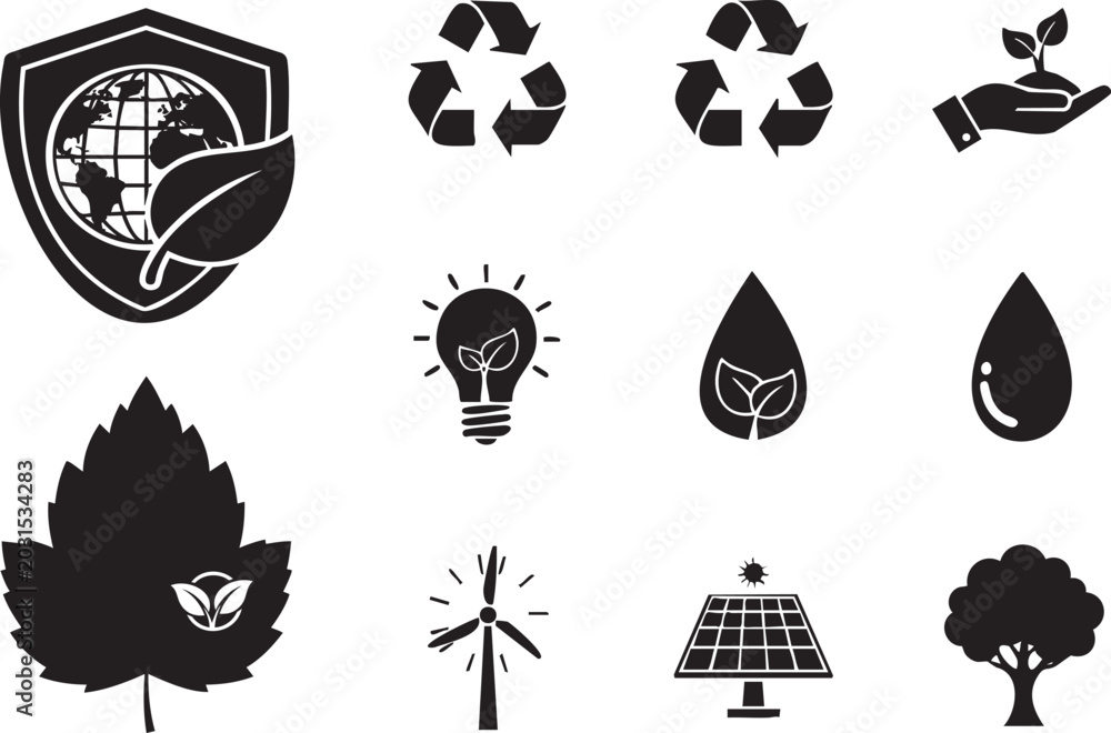 Fototapeta premium Black and white environmental set featuring nature and energy msea set