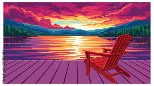 Photos Lakeside sunset with Adirondack chair and wooden deck