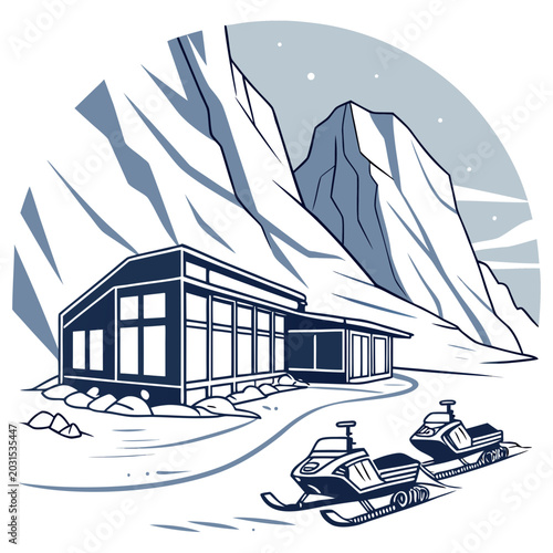 Fotografie Modern winter lodge with snowmobiles in snowy mountain landscape illustration