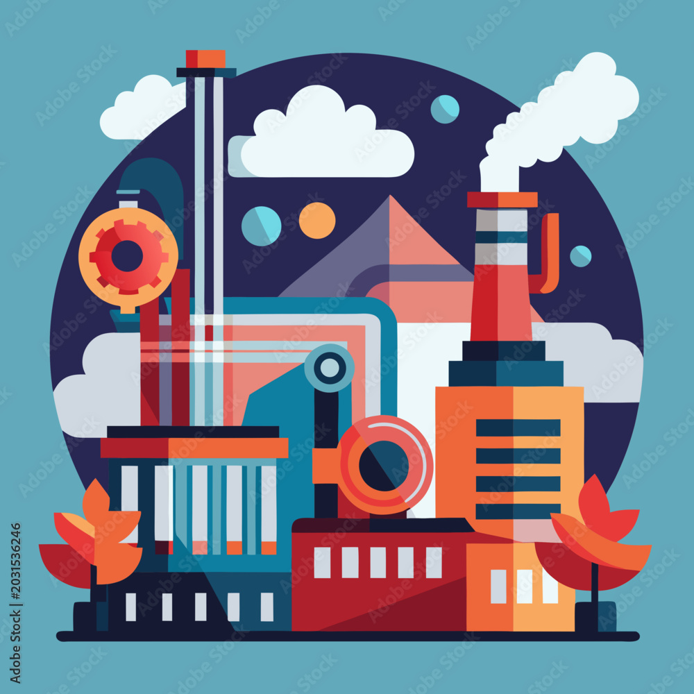 Obraz premium Modern Industrial Factory Complex with Smoke and Gears