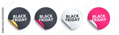 Fotografía Collection of four circular Black Friday sale sticker labels with curled corners in dark gray, white, and pink colors, featuring realistic shadows on a white background