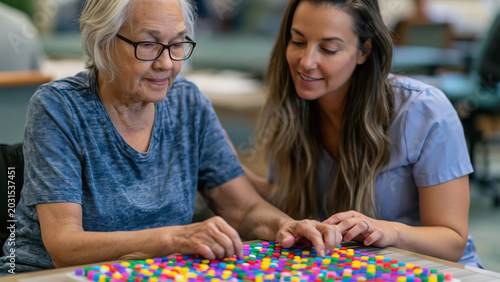 Stroke survivor participates in fine motor skill rehabilitation with therapist at a rehabilitation center during afternoon session
