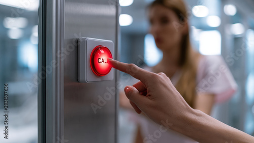 Nurse presses call button to seek assistance in a busy hospital setting during a day shift