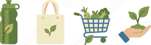 Eco-friendly icons illustrate a sustainable lifestyle featuring a reusable water bottle, a canvas tote bag, a grocery cart filled with fresh produce, and a small plant held in a human hand.