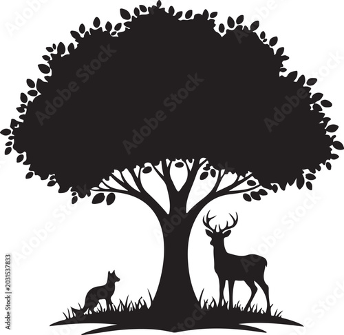 Canvas Print Black silhouette of a forest tree with wild animals like fox owl and deer in a n