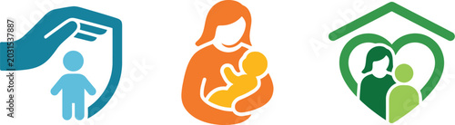 Family protection symbols illustrate safety, nurturing, and domestic stability through stylized graphics of guardians, children, and heart-shaped home icons.