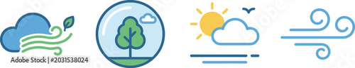 Weather symbols depict various atmospheric conditions including wind, sun, clouds, and trees in a minimalist flat design style.