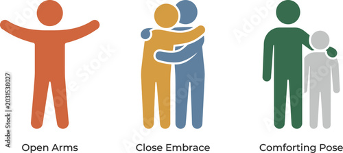 People icons represent human connection and emotional support through various poses of open arms, close embraces, and comforting physical contact.