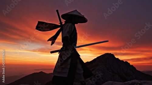 silhouette of a warrior carrying a long sword and wearing a woven bamboo hat	
