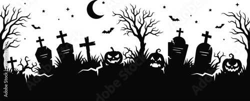 Slika na platnu Black silhouette of a spooky halloween graveyard with tombstones and pumpkins is