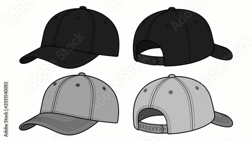 Versatile Baseball Caps Front and Back Views Vector Illustration Template for Apparel Design