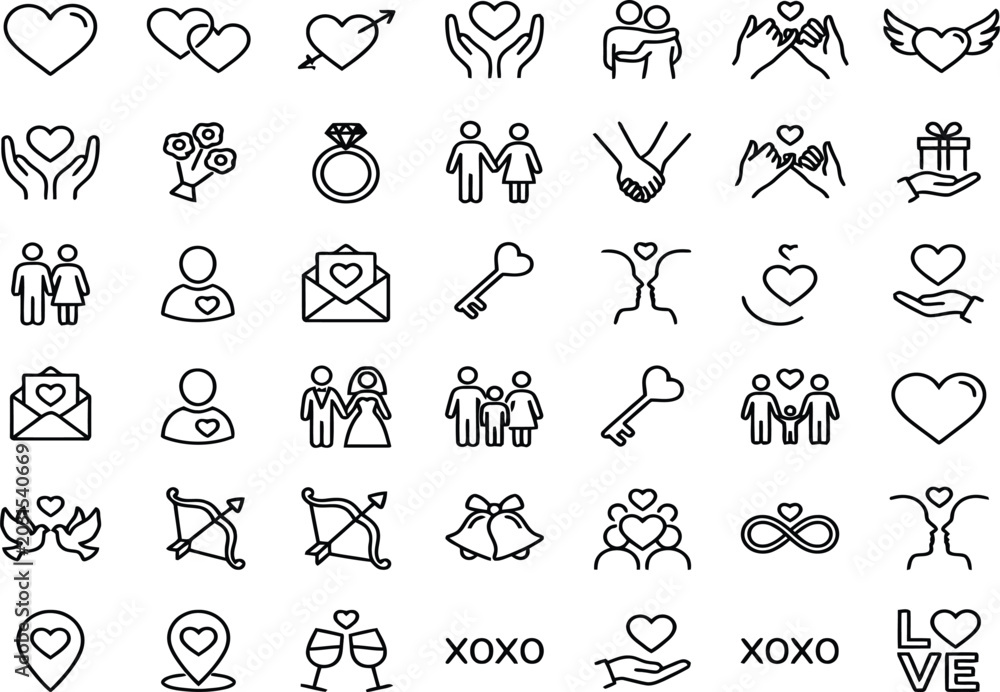 Fototapeta premium love and relationship line icons set on white background