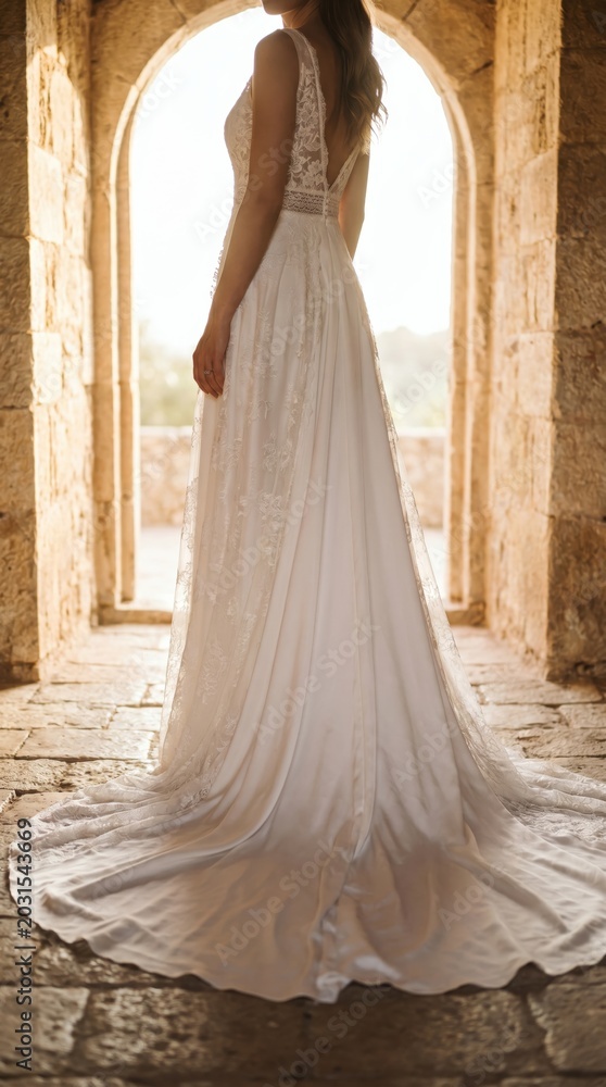 Fototapeta premium Bride Chiffon Dress Stone Arch Doorway Sunlight Wedding Portrait