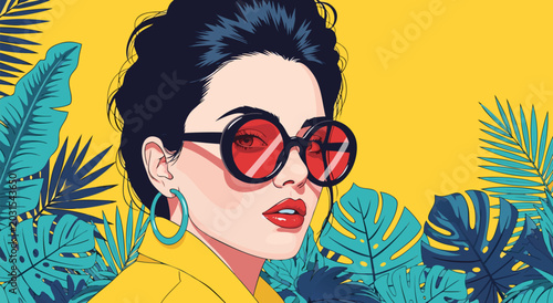 Tableau sur toile Vibrant Pop Art Vector Illustration of a Stylish Woman with Sunglasses Amidst Tr