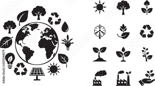 Earth globe surrounded by ecology and environmental sustainability msea set