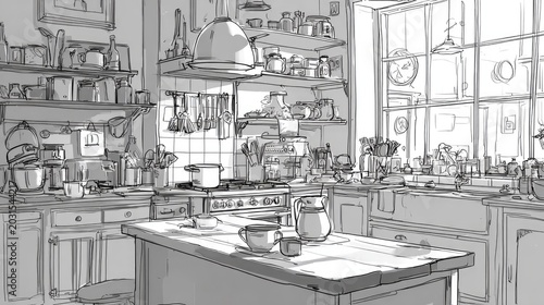 Hand drawn sketch depicts a fully equipped, rustic culinary workspace filled with numerous utensils and appliances