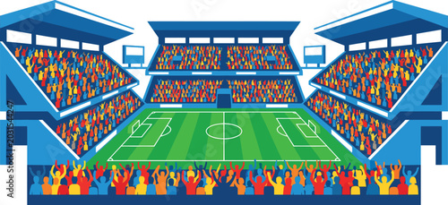 Konstfotografi Colorful soccer stadium with green field and cheering crowd  sports venue