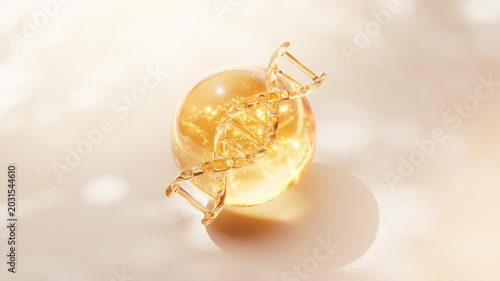A mesmerizing 3D animation showing a golden DNA molecule rotating over a shimmering, sparkling essence droplet on a bright, reflective surface.