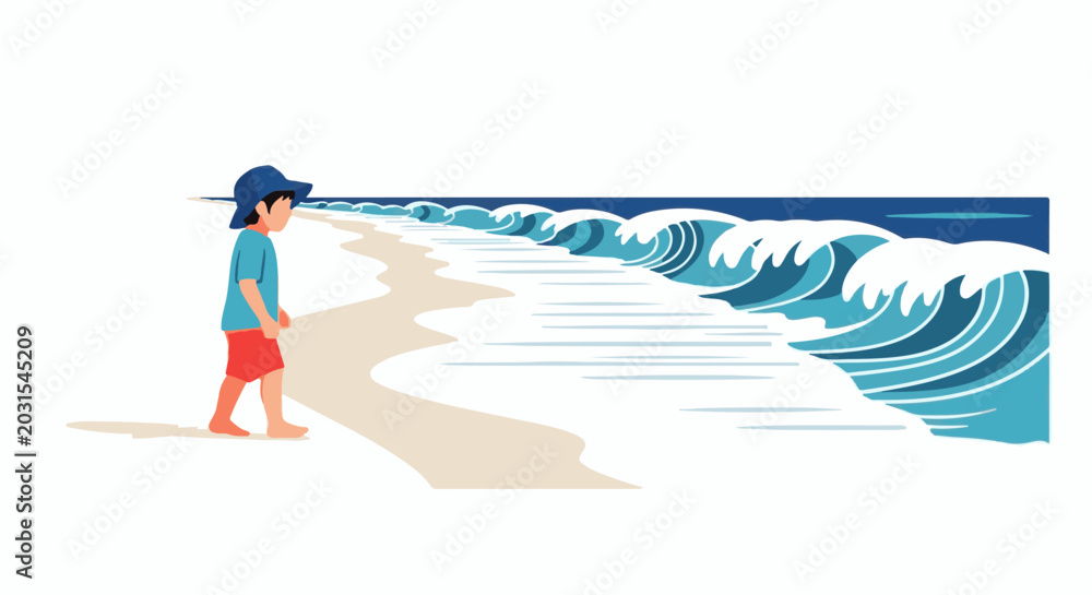 Naklejka premium A child in a blue hat and red shorts walks on a sandy beach