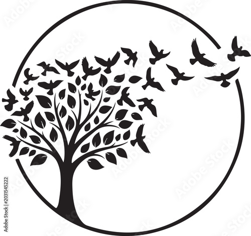 Black silhouette of a tree with flying birds inside a circular frame for nature and freedom concept design