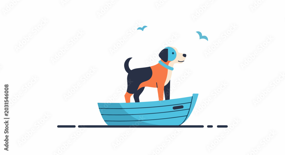 Obraz premium A colorful cartoon dog stands in a blue boat with two birds flying above