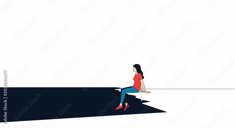 Fototapeta premium A person sits on a ledge overlooking a dark, abstract expanse