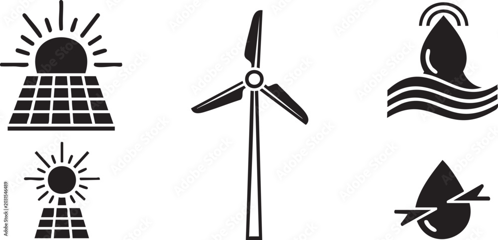 Fototapeta premium Renewable energy solar panels, wind turbine, and water power set msea set