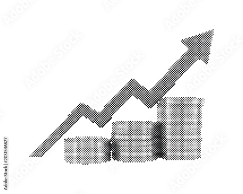 Retro halftone vector illustration of growing financial success with stacked coins and upward arrow isolated on white background