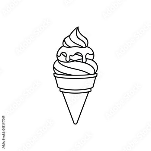 Soft Serve Ice Cream Cone with Dripping Cream Line Art Vector Illustration.