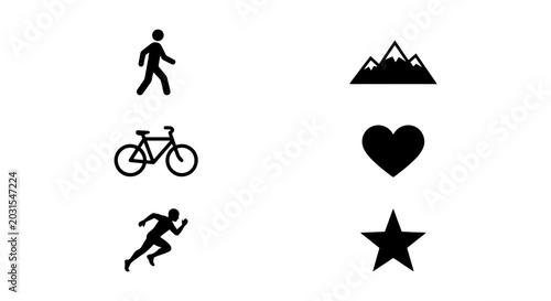 Activity Icons: Walking, Cycling, Running, Mountains, Heart, Star, Vector Set