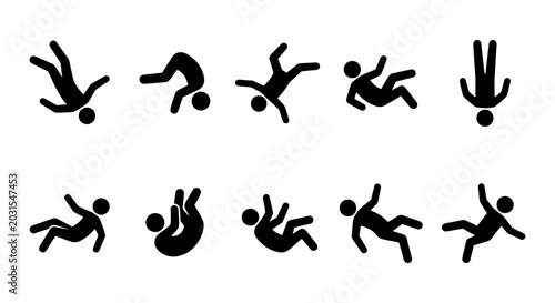 Tableau sur toile Falling person stick figure icons, 10 tumbling man vector set, accident signs