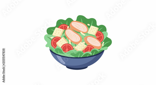 A healthy chicken salad with tomatoes and cheese in a blue bowl