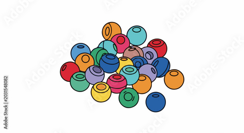 A jumbled pile of colorful, round beads with black outlines