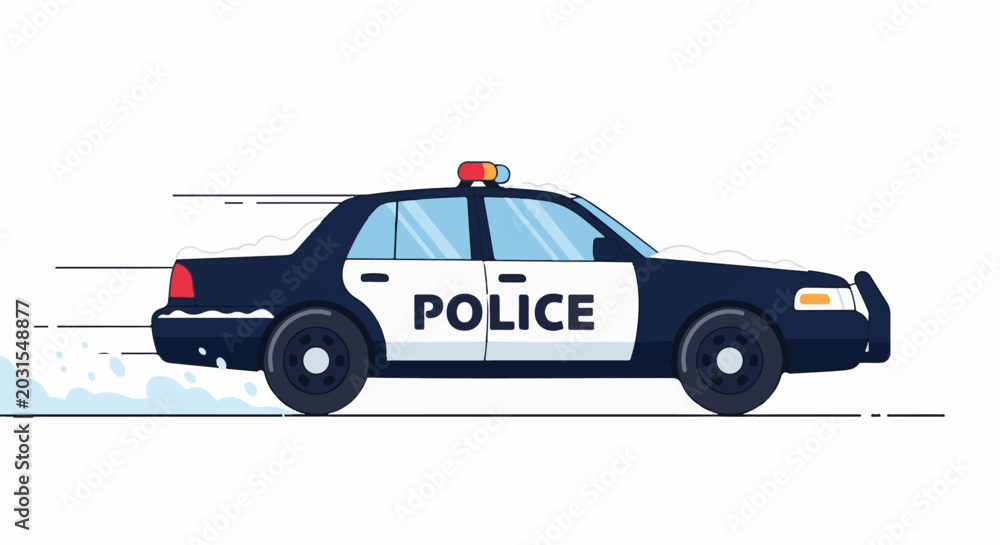 Naklejka premium A dark blue and white police car drives through a flurry of snow and mist