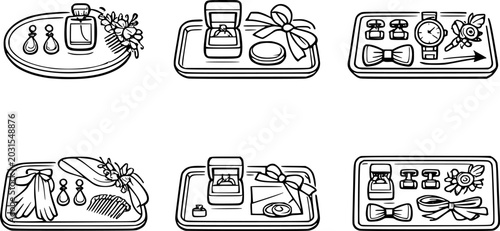 Wedding Accessory Tray Black and White Vector Icon Set
