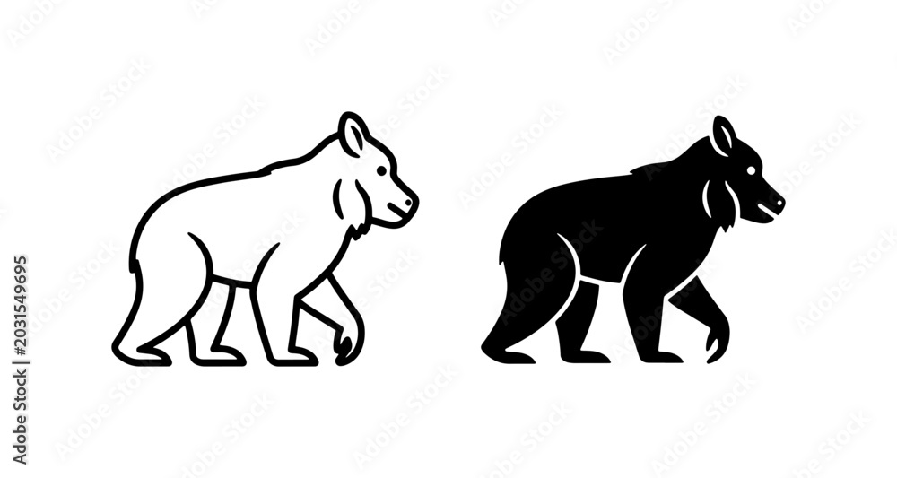 Fototapeta premium Bear Vector Icons, Wildlife Mammal Silhouettes, Black and White Animal Graphics, Forest Creature Illustrations for Nature Themes