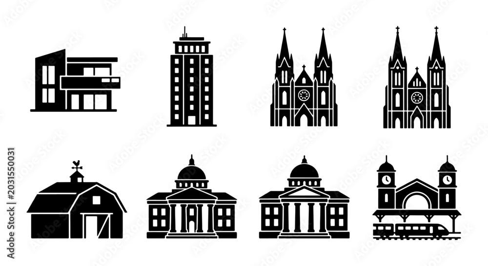 Fototapeta premium Diverse Building Icons Collection: Modern Architecture, Skyscraper, Churches, Barn, Classical Structures, Train Station Vector Set