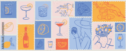 Retro Stamp Collage of Cocktails and Citrus Fruits