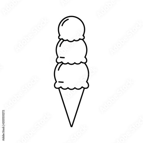 Three Scoop Ice Cream Cone Sweet Summer Line Art Vector Illustration.