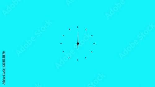 Minimalist animated clock icon black spinning hands on blue background, time lapse concept without border.