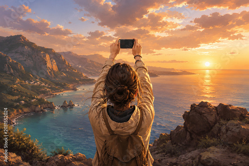Young female traveler photographing a dramatic coastal sunset from a mountain viewpoint overlooking the ocean. Scenic landscape with cliffs, turquoise water, golden sunlight, and colorful clouds.