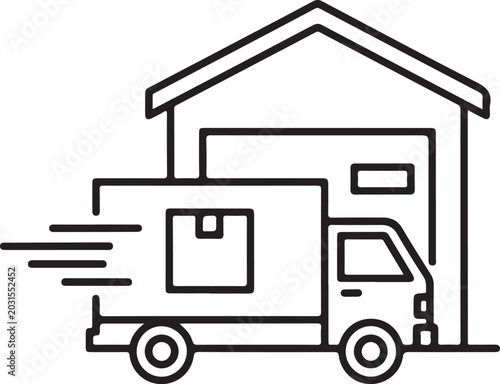 Foto Delivery truck with a cardboard box driving away from a warehouse storage buildi