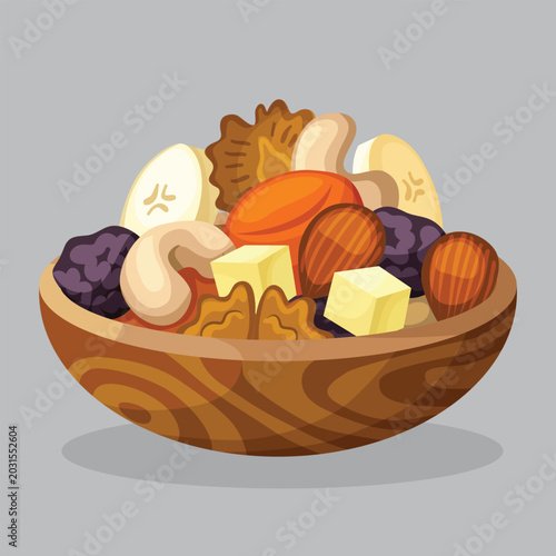 Photography Cute cartoon graphic design of almonds, walnuts, and raisins for a clean diet meal