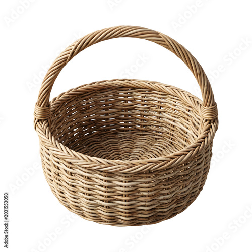 Canvas Print Traditional empty wicker basket with carry handle on gray background