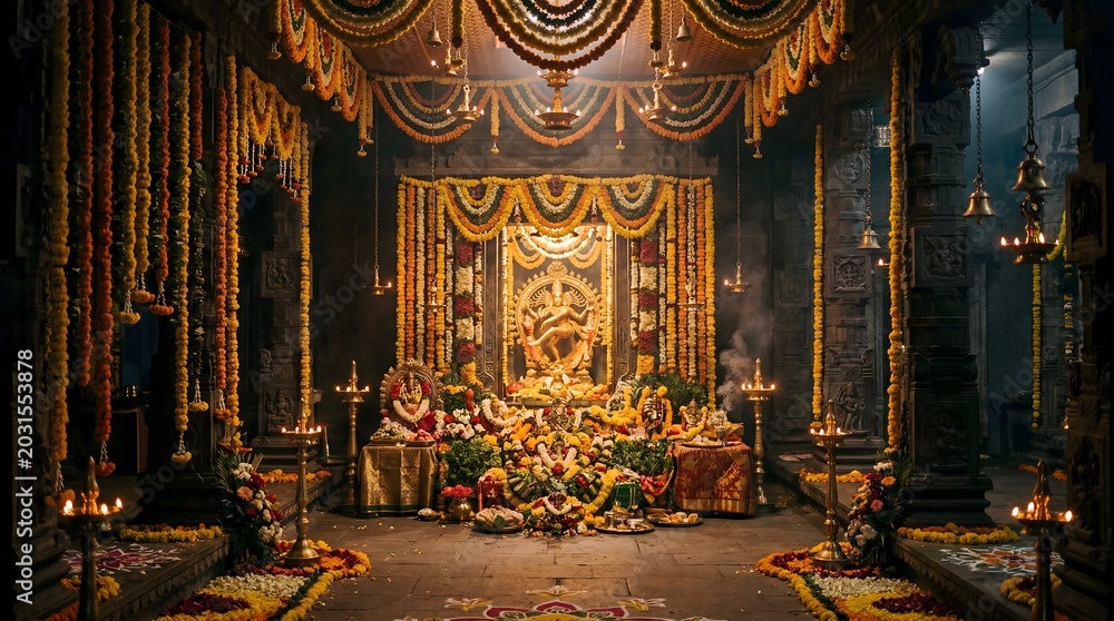 Fototapeta premium Festival decorated temple altar with sacred deity and offerings