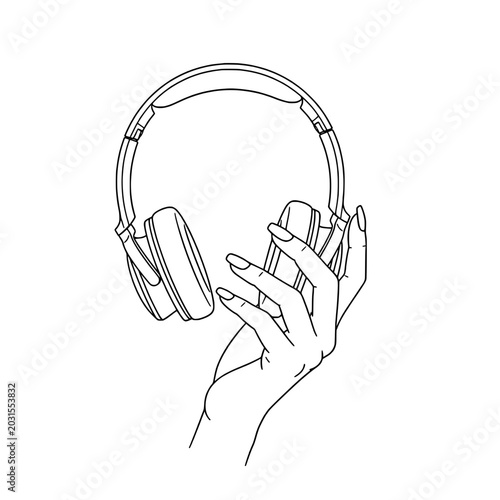 Icon of a stylish female hand holding headphones, representing concepts of music listening and audio lifestyle
