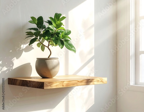 Sunlit Green Houseplant Resting on Wooden Floating Shelf by White Window