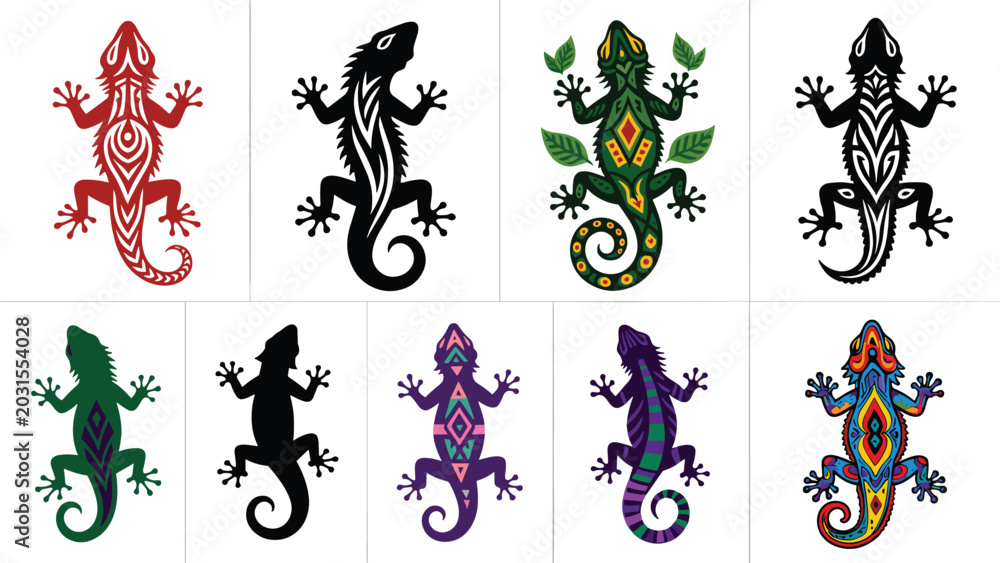 Naklejka premium Colorful Tribal Lizard Vector Collection with Ornamental and Geometric Pattern Designs