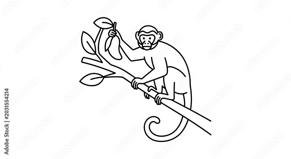 Fototapeta premium Minimalist Line Art Monkey Climbing Tree Branch with Leaves, Simple Black and White Illustration